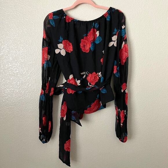 Club Monaco Top Womens XS Black Silk Floral Wrap Tie Bell Sleeve Darlana Vamp - Picture 11 of 14